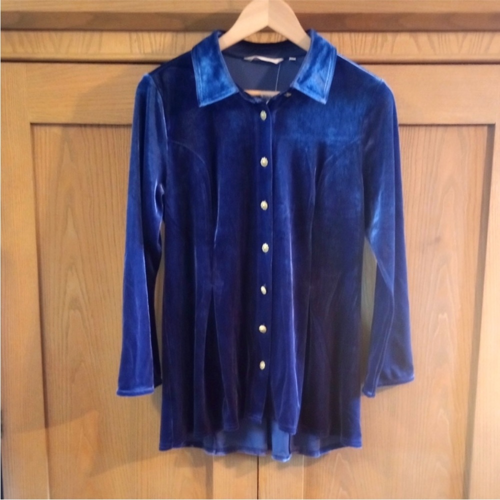 Soft Surroundings Navy Velvet Shirt with Gold Accents